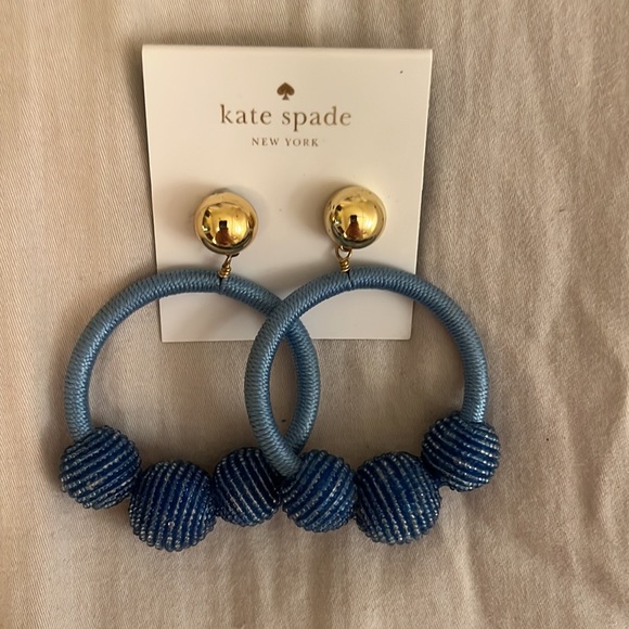 Brand New Blue Kate Spade Dangle / Hoop Thread Earrings with Balls - Picture 3 of 4